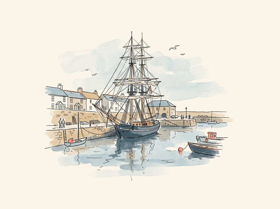 Ink and watercolour illustration of the Cornish coast
