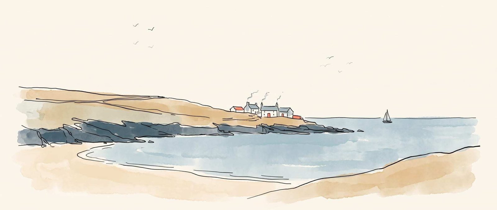 Ink and watercolour illustration of the Cornish coast
