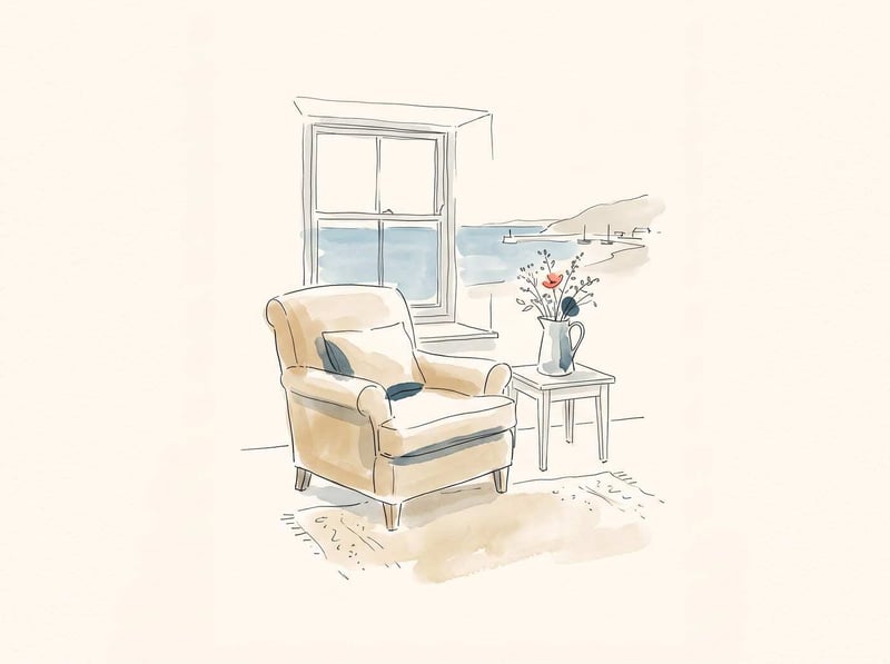 Ink illustration of a cosy cottage interior