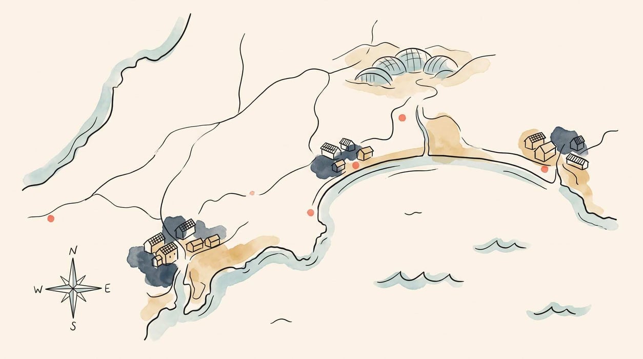 Ink and watercolour illustration of the Cornish coast