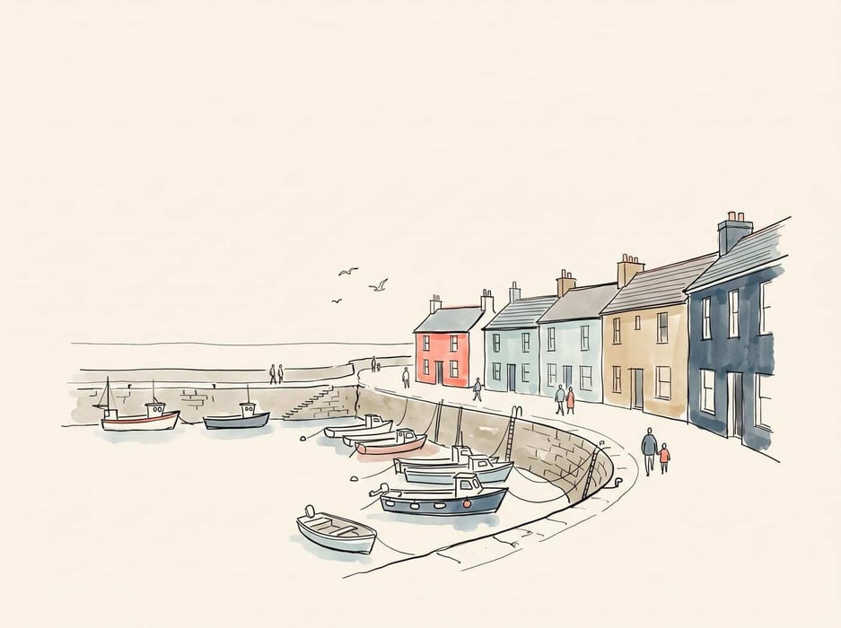 Ink and watercolour illustration of the Cornish coast