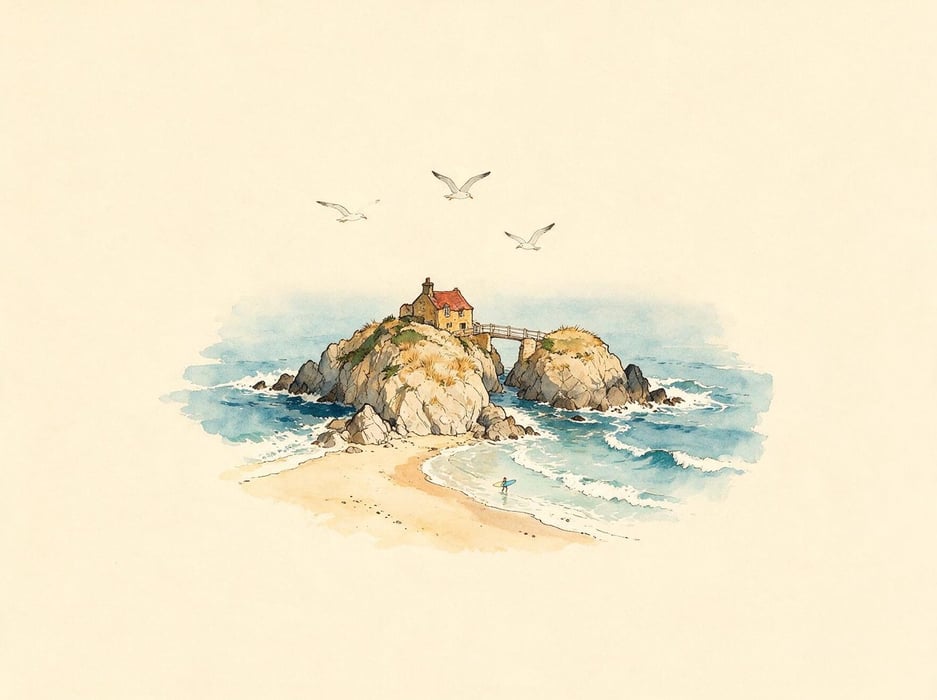 Ink and watercolour illustration of the Cornish coast